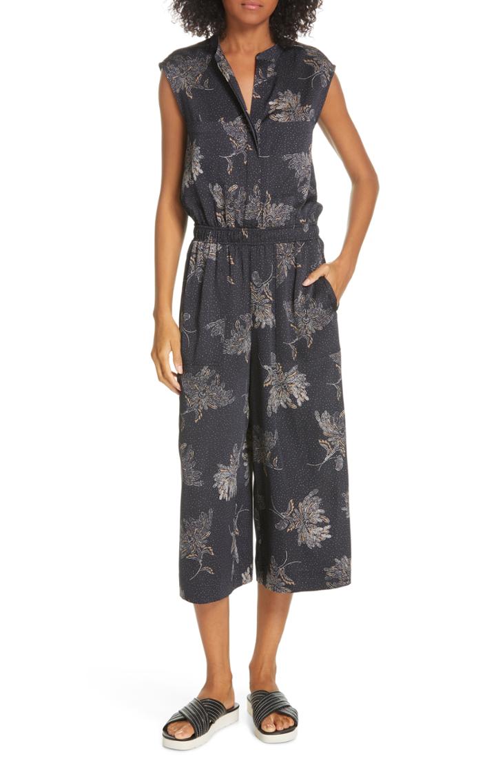Women's Vince Woodblock Floral Sleeveless Jumpsuit, Size - Blue