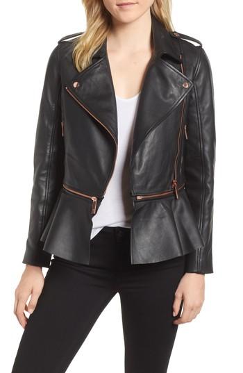 Women's Ted Baker London Zip-off Peplum Leather Biker Jacket - Black
