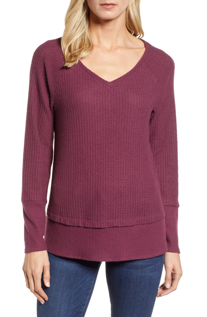 Women's Caslon Cozy V-neck Waffle Knit Tee - Black