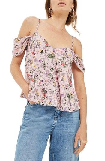 Women's Topshop Press Flower Cold Shoulder Top Us (fits Like 0) - Pink