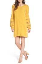 Women's Hinge Lace Trim Puff Sleeve Shift Dress, Size - Yellow