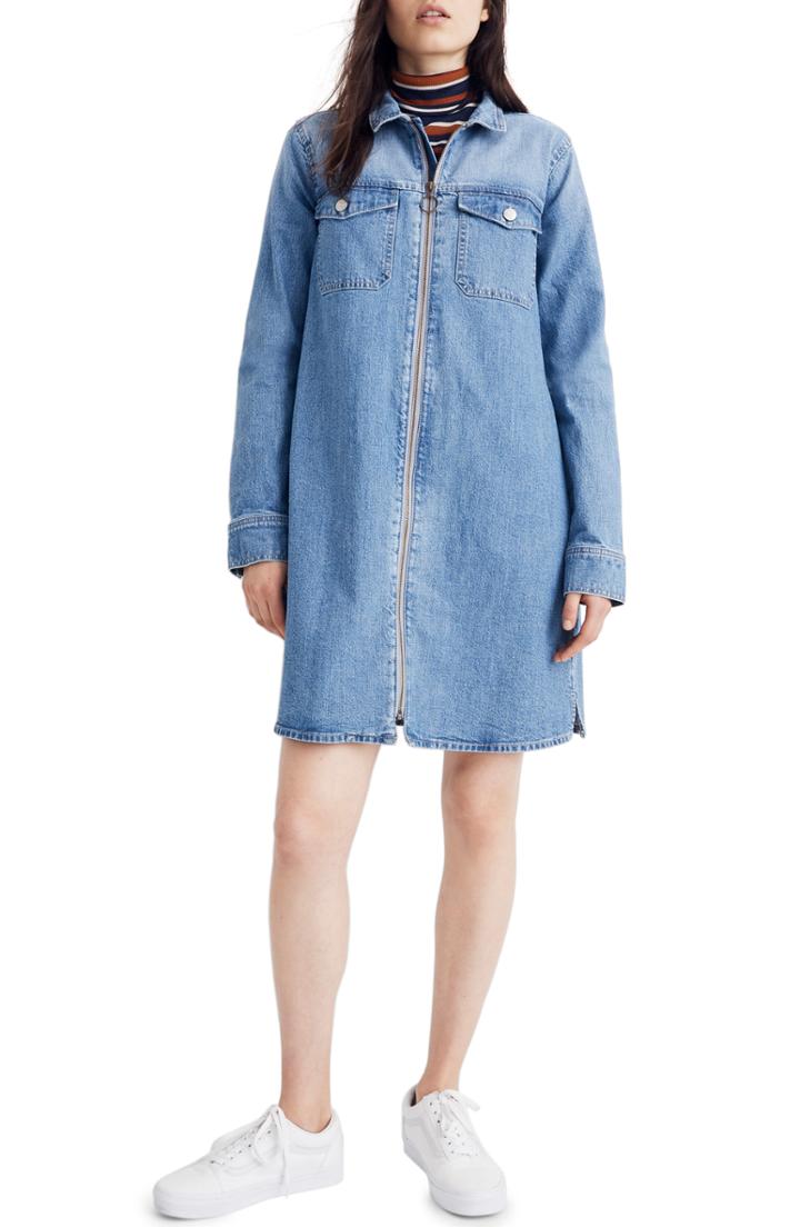 Women's Madewell Front Zip Shirtdress, Size - Blue