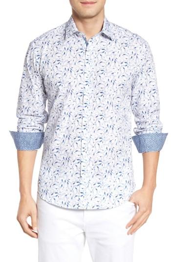 Men's Bugatchi Shaped Fit Bird Print Sport Shirt, Size - White
