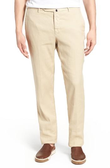Men's Incotex Flat Front Stretch Linen & Cotton Trousers - Grey