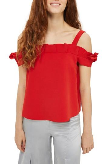 Women's Topshop Bardot Pleat Ruffle Top Us (fits Like 0-2) - Red