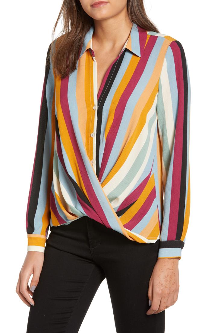 Women's All In Favor Patterned Drape Front Blouse, Size - Blue