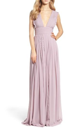 Women's Monique Lhuillier Bridesmaids Deep V-neck Ruffle Pleat Chiffon Gown - Purple