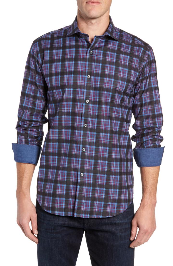 Men's Bugatchi Regular Fit Plaid Sport Shirt - Blue