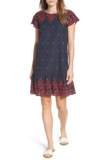 Women's Caslon Embroidered Ruffle Hem Shift Dress - Blue