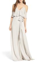 Women's Ceremony By Joanna August Cold Shoulder Tie Waist Halter Gown - Grey