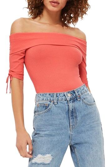 Women's Topshop Bardot Tie Detail Bodysuit Us (fits Like 0) - Coral