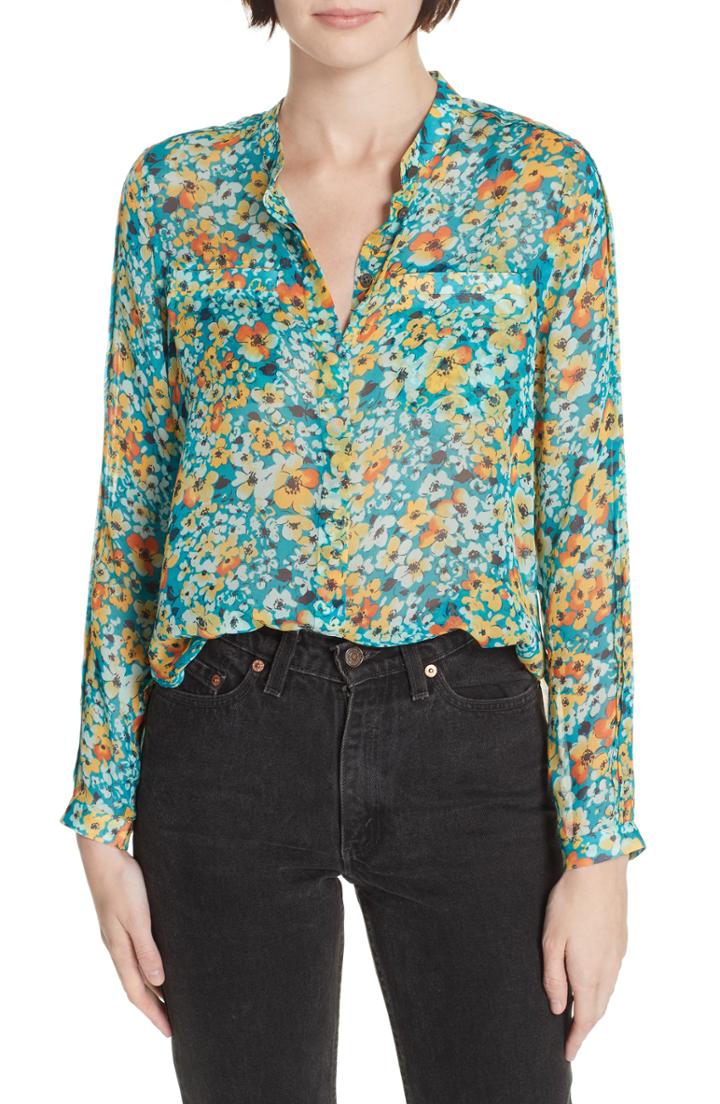 Women's Equipment Ethel Floral Mandarin Collar Silk Blouse - Blue/green