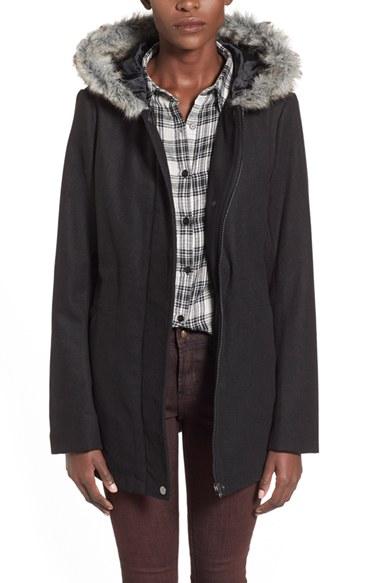 Junior Women's Krush Faux Fur Trim Hooded Coat - Black