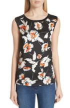 Women's St. John Collection Modern Floral Print Hammered Satin & Jersey Top, Size - Black