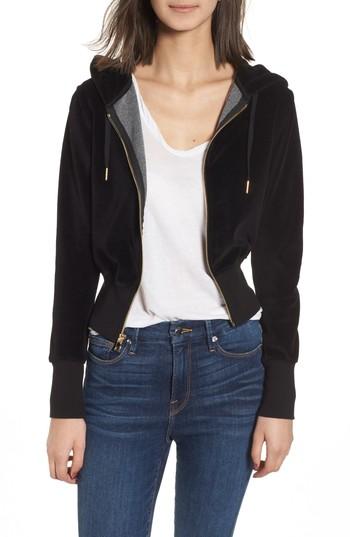 Women's Good American Crop Velour Hoodie - Black