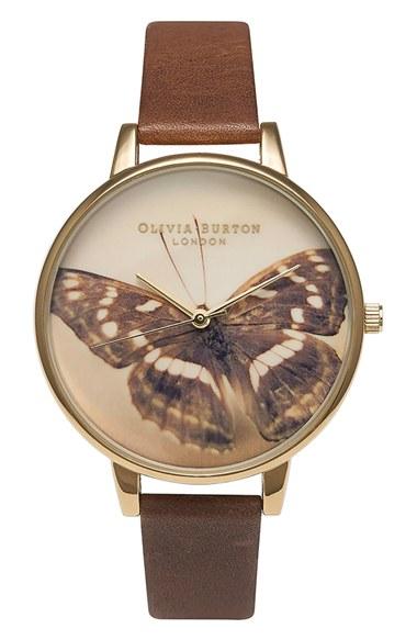 Women's Olivia Burton 'woodland Butterfly' Leather Strap Watch, 38mm