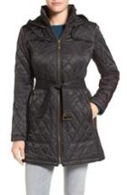 Women's Vince Camuto Belted Mixed Quilted Coat With Detachable Hood - Black