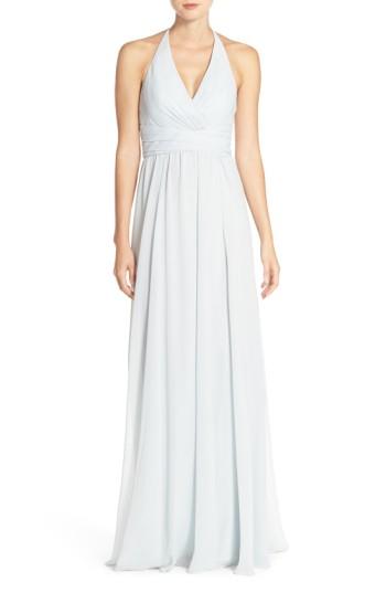 Women's Amsale 'jennifer' V-neck Chiffon Halter Gown - Blue