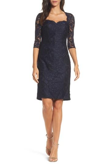 Women's La Femme Sweetheart Lace Sheath Dress - Blue