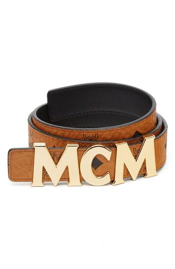 Women's Mcm Letter Reversible Coated Canvas/leather Belt, Size - Cognac (w/ Gold)