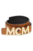 Women's Mcm Letter Reversible Coated Canvas/leather Belt, Size - Cognac (w/ Gold)