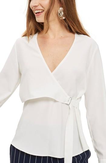 Women's Topshop D-ring Faux Wrap Blouse Us (fits Like 0-2) - Ivory