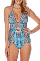 Women's Laundry By Shelli Segal Abstract Feathers One-piece Swimsuit - Blue