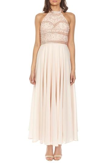 Women's Lace & Beads Sunrise Embellished Halter Maxi Dress - Beige