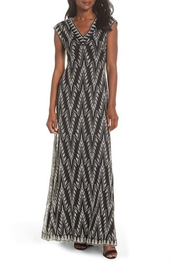 Women's Tadashi Shoji Embroidered V-neck Gown - Black