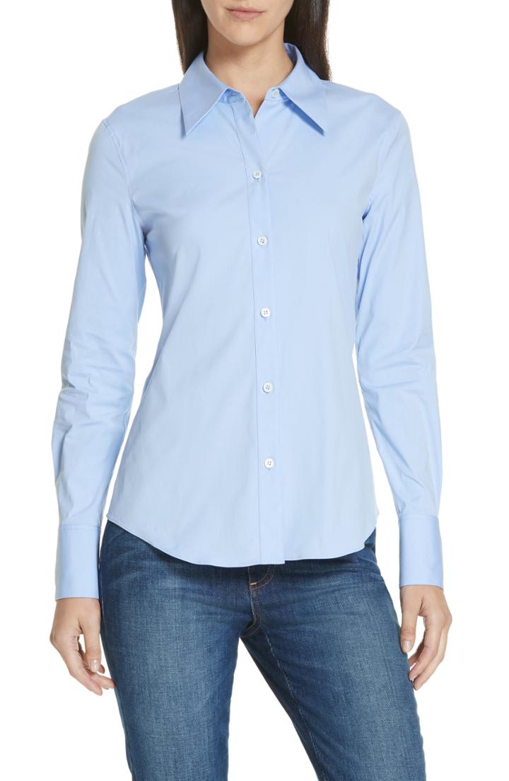 Women's Theory Perfect Fit Stretch Cotton Button Up Blouse, Size - Blue