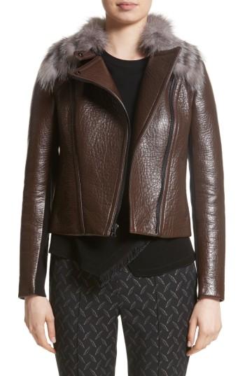 Women's Yigal Azrouel Bonded Moto Leather Jacket With Removable Genuine Fox Fur Collar - Brown