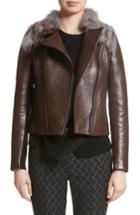 Women's Yigal Azrouel Bonded Moto Leather Jacket With Removable Genuine Fox Fur Collar - Brown