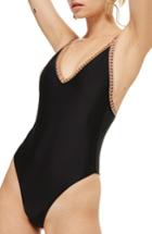 Women's Topshop Crochet Plunge One-piece Swimsuit Us (fits Like 0) - Black
