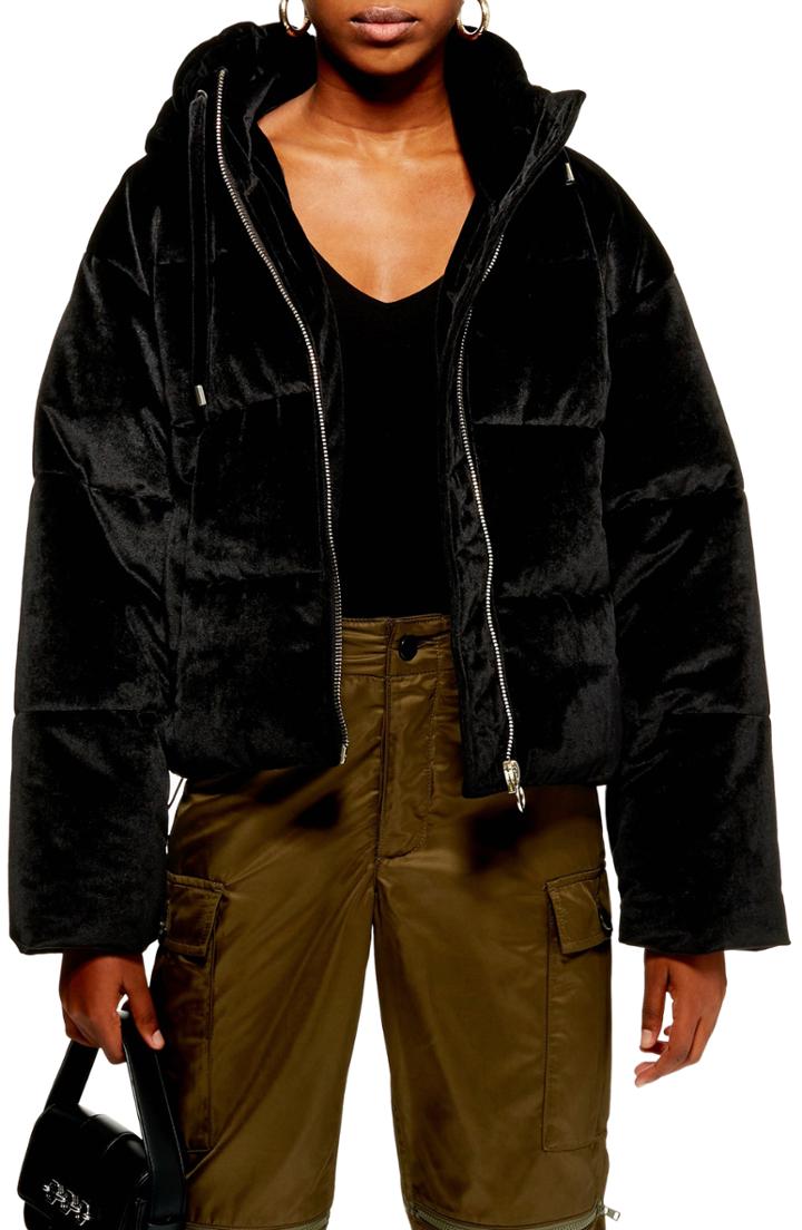 Women's Topshop Velvet Puffer Jacket Us (fits Like 14) - Black