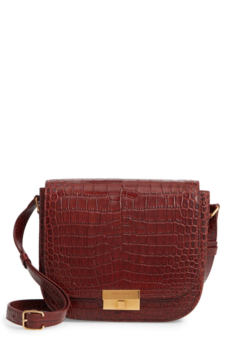 Saint Laurent Betty Croc Embossed Leather Shoulder Bag - Burgundy