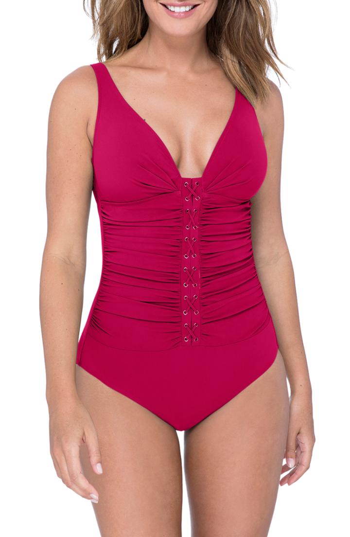 Women's Profile By Gottex Moto D-cup Plunge V-neck One-piece Swimsuit D - Red
