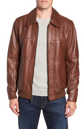 Men's Andrew Marc Vaughn Shirt Collar Leather Bomber Jacket - Brown