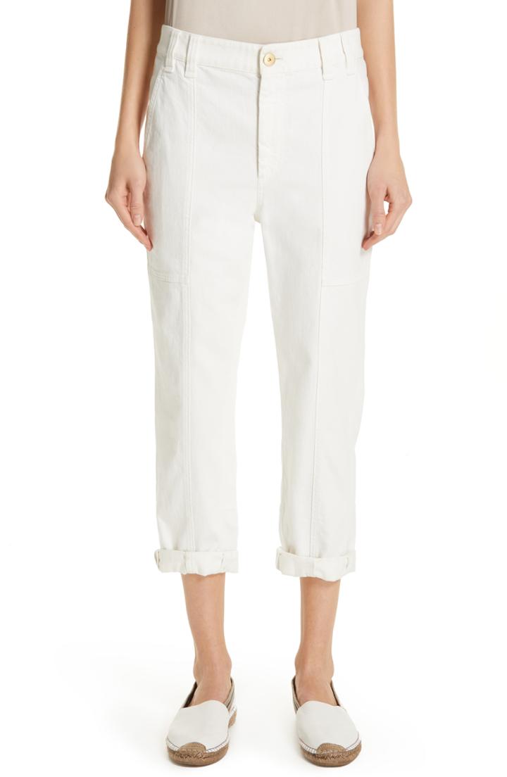 Women's Brunello Cucinelli Stretch Cotton Crop Cargo Pants Us / 40 It - White
