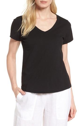 Women's Eileen Fisher V-neck Organic Cotton Tee, Size - Black