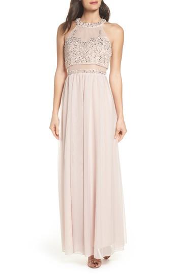 Women's Sequin Hearts Beaded Jersey Halter Gown - Pink