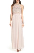 Women's Sequin Hearts Beaded Jersey Halter Gown - Pink