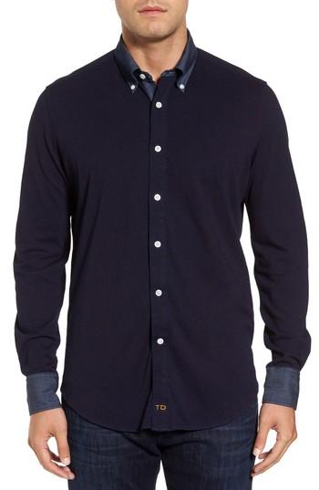 Men's Thomas Dean Regular Fit Chambray Trim Jersey Shirt - Blue