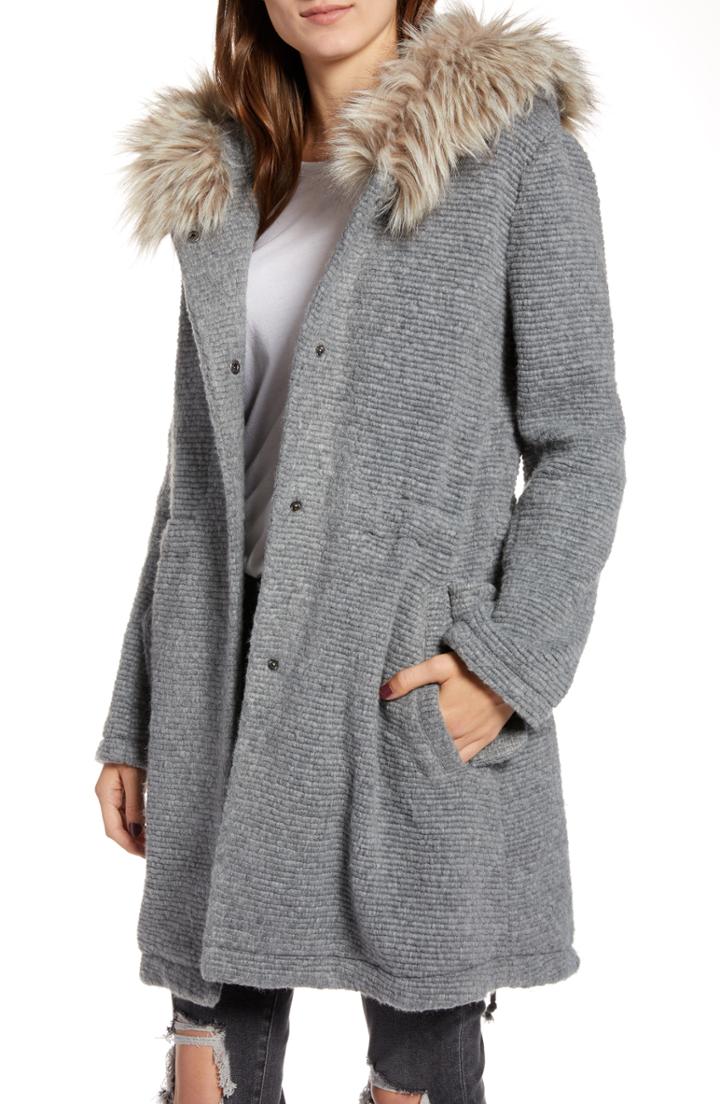 Women's Bb Dakota Girls In The Hood Faux Fur Trim Ribbed Coat