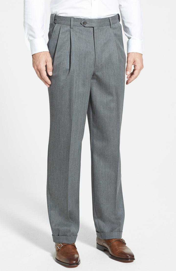Men's Berle Self Sizer Waist Pleated Wool Gabardine Trousers X 34 - Grey