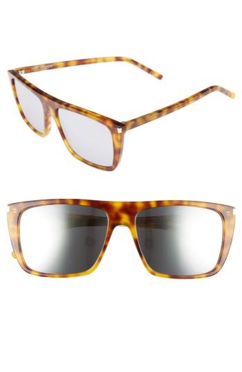 Women's Saint Laurent 56mm Mirrored Rectangular Sunglasses - Havana