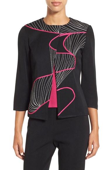 Women's Ming Wang Asymmetrical Embroidered Knit Jacket