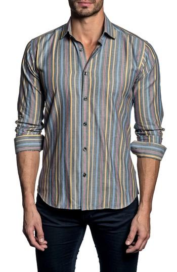 Men's Jared Lang Trim Fit Stripe Sport Shirt, Size - Grey