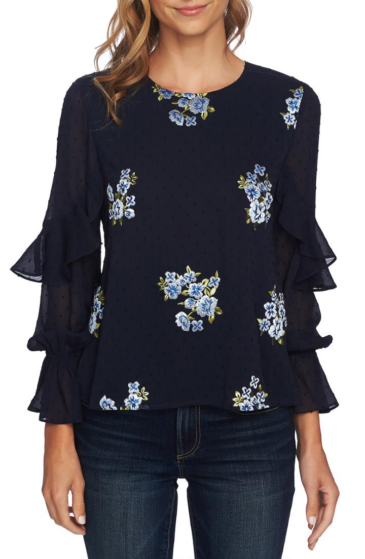 Women's Cece Embroidered Ruffle Top, Size - Blue