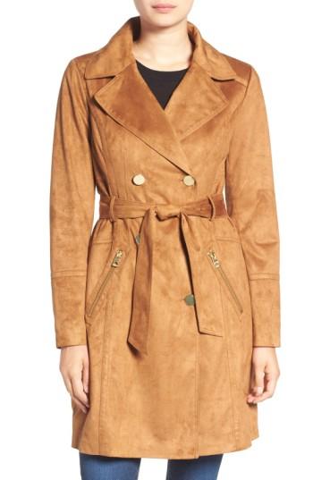 Women's Guess Faux Suede Double Breasted Trench Coat - Brown