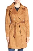 Women's Guess Faux Suede Double Breasted Trench Coat - Brown